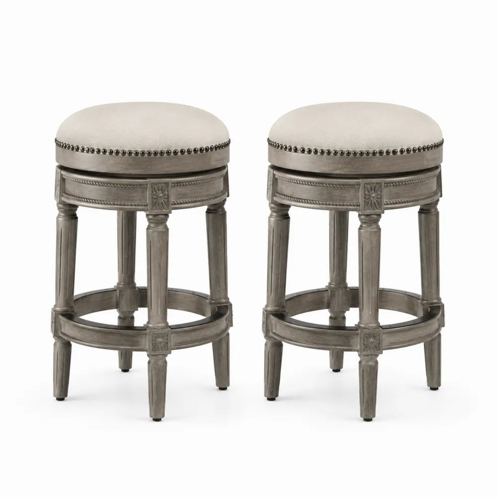Lot de 2 tabourets en bois avec assise en tissu beige