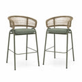 Tabourets de bar en métal avec dossier en corde synthétique beige et assise en polyester vert - lot de 2