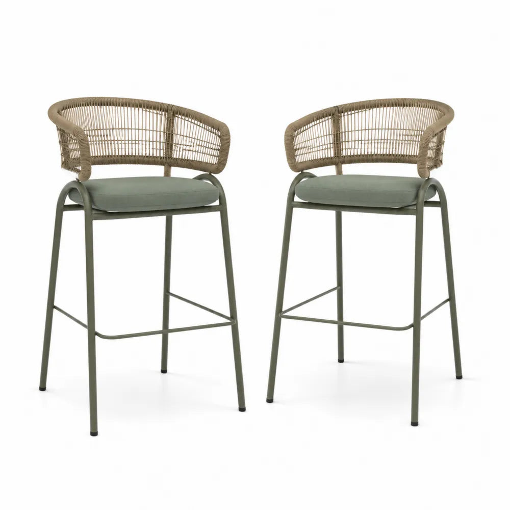 Tabourets de bar en métal avec dossier en corde synthétique beige et assise en polyester vert - lot de 2