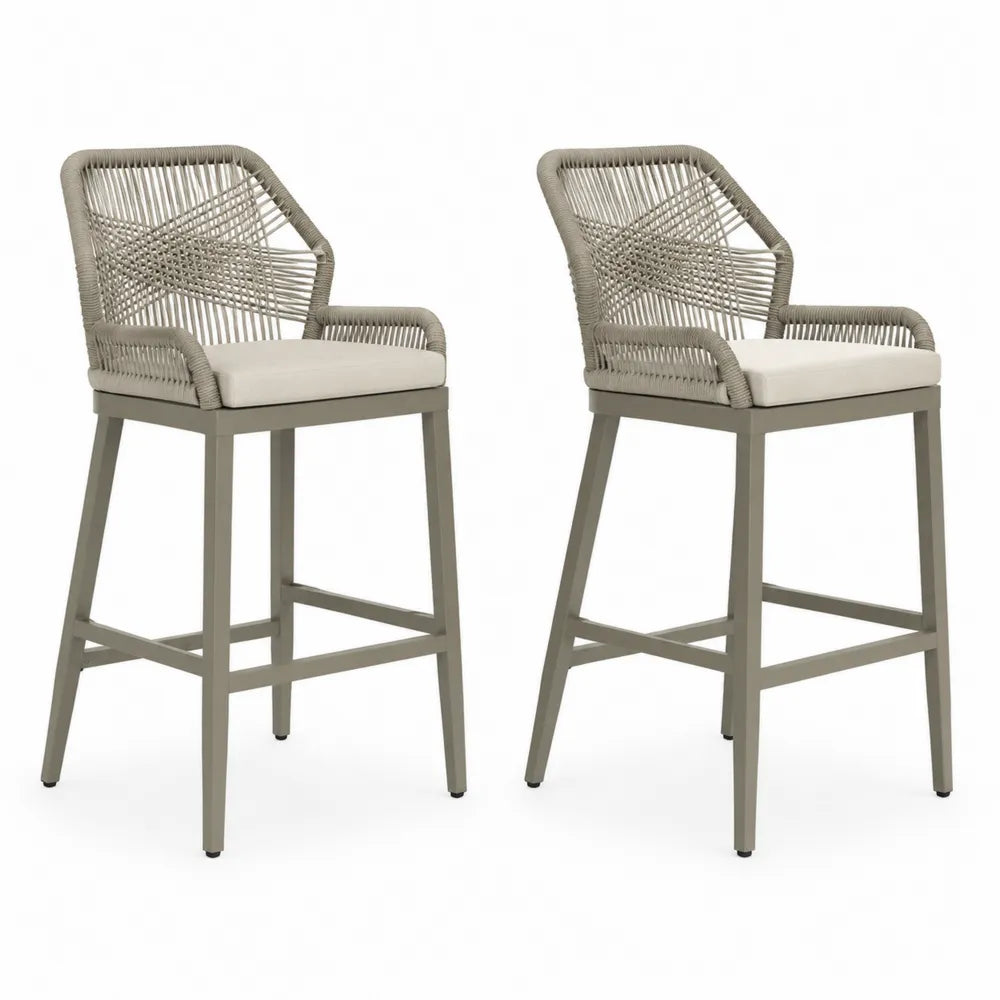 Lot de 2 tabourets de bar en corde synthétique avec coussin beige et cadre en aluminium, 105 cm