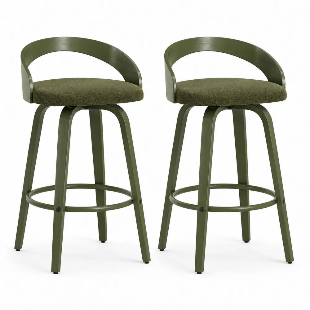 Paire de tabourets de bar pivotants en bois et tissu vert olive