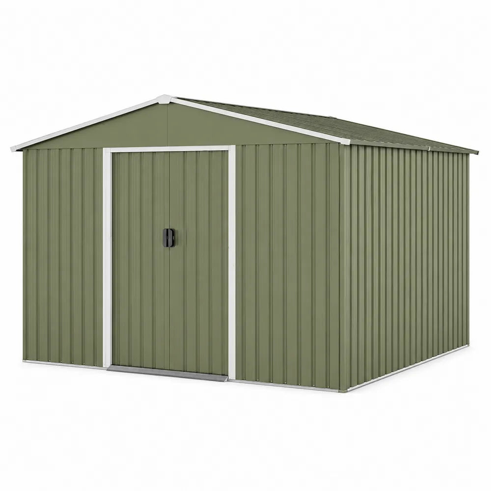 Abri de jardin en métal vert avec porte coulissante