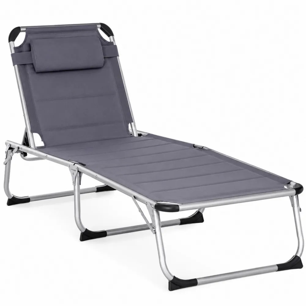 Transat pliant en métal et polyester gris avec coussin réglable 190x58 cm