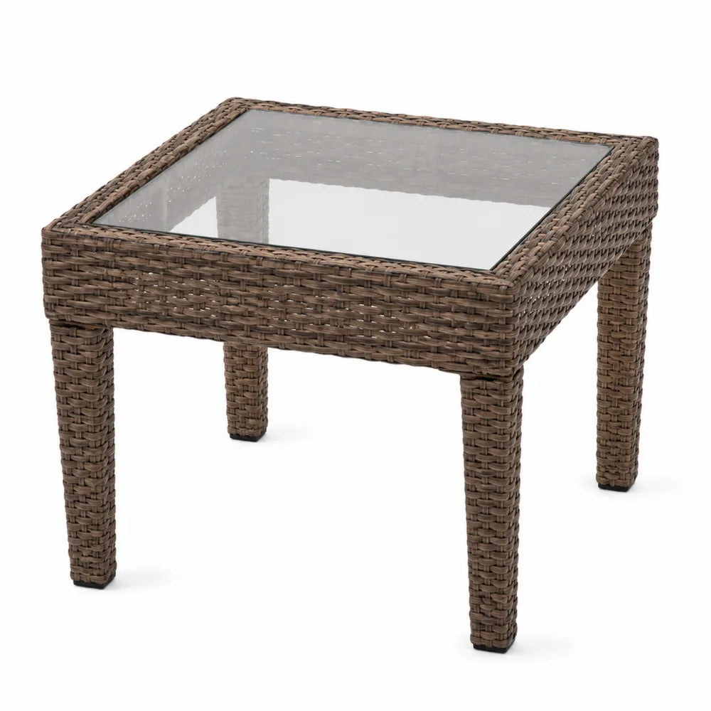 Table de jardin en résine tressée marron et verre trempé